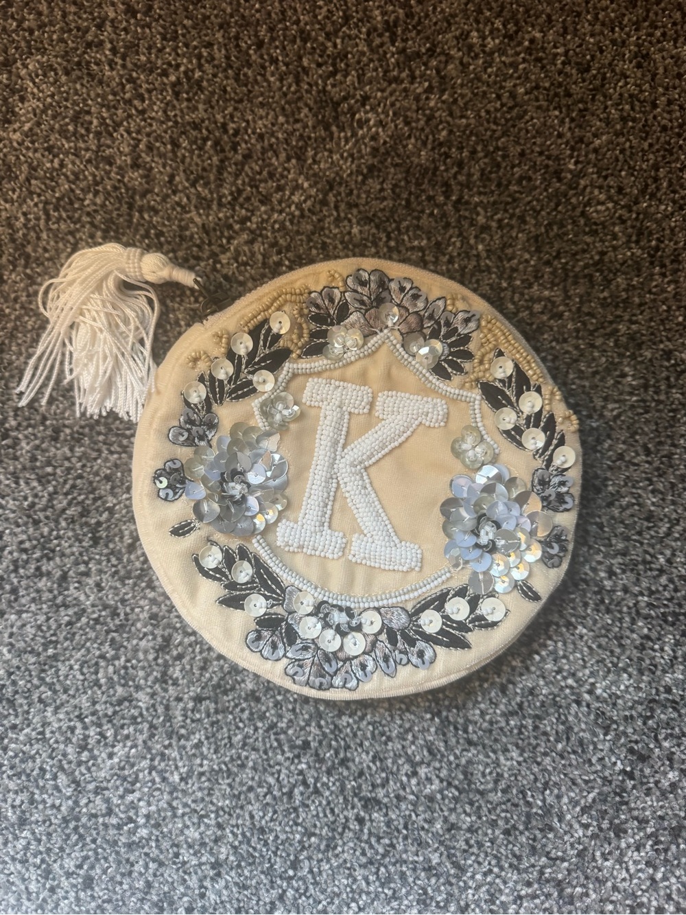 Beaded Initial 'K' Round Cream Anthropologie Pouch